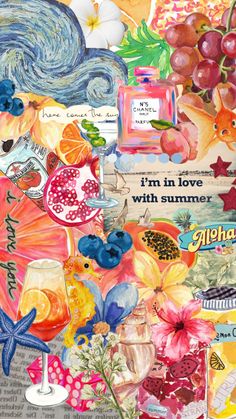 an altered collage of fruit, flowers and other items with the words i'm in love with summer