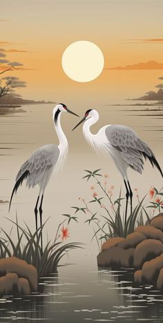 two white birds standing next to each other on a body of water with grass and flowers in the foreground