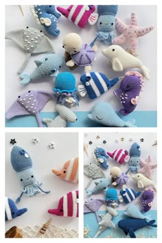 crocheted sea animals are displayed in three different pictures, one is blue and the other is pink