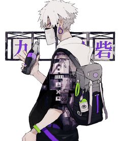 an anime character with white hair is holding a cell phone and looking at his back