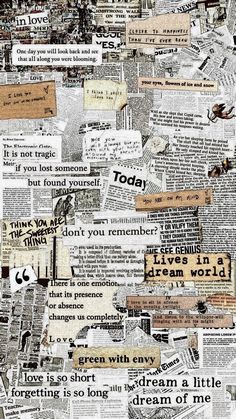 a collage of newspaper paper with words and pictures all over the entire page in it