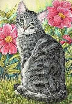 a drawing of a cat sitting in front of flowers