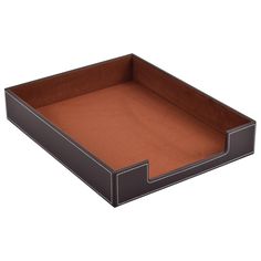 an empty black and brown tray with leather linings on the bottom, sitting in front of a white background