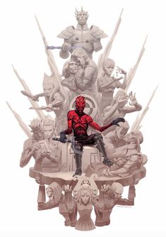 a man sitting on top of a giant throne with many different types of people around him