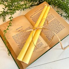 an open book with two yellow candles tied to it on a table next to greenery