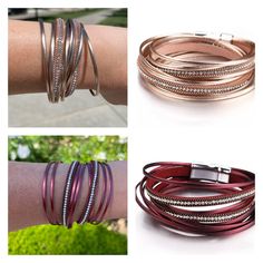 Glamour up any look with these stunning leather bracelets. The crystal accents make them sparkle. Multi layer with strong magnetic clasp. Sparkly Bracelets, Wine Red Color, Leather Bracelets, Elegant Bracelet, Strand Bracelet, Layers Design