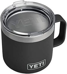 yeti stainless steel mug with lid and handle in olive green, set on white background