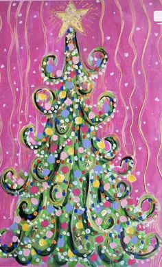 a painting of a christmas tree in pink and green with stars on the top, surrounded by confetti