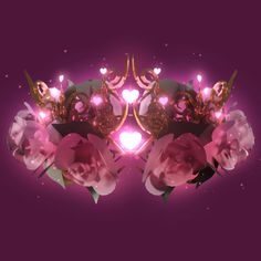 a crown with pink roses and hearts on it's side, surrounded by lights