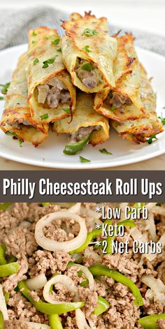 three different types of cheesesteak roll ups on a white plate with green peppers