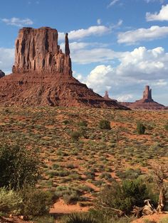 a large rock formation in the middle of a desert with trees and bushes around it