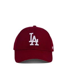 the los angeles dodgers'47 clean cap is shown in red with white letters on it