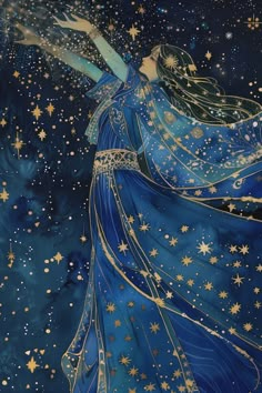 a painting of a woman in blue dress with stars on the night sky behind her