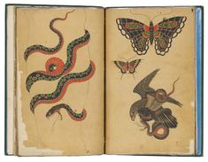 an open book with two snakes and a snake on it's cover, in front of a butterfly