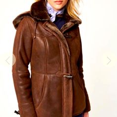 Beautiful Winter Sheepskin Coat With Zipper And Toggle Closure. Removable Hood And Fur-Lined. New Without Tags!! Fitted Sheepskin Fur Coat, Fitted Classic Sheepskin Fur Coat, Luxury Fitted Shearling Outerwear, Fitted Leather Fur Coat For Cold Weather, Classic Leather Fur Coat, Sheepskin Coat, Coats For Women, Leather Jacket, Jackets & Coats