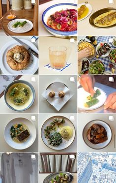 many different plates with food on them