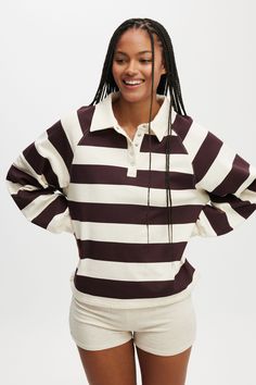 OVERSIZED COLLARED LOUNGE FLEECE SWEATER Striped Long Sleeve Sweatshirt With Ribbed Collar, Striped Sweatshirt For Fall Loungewear, Striped Sweatshirt For Loungewear In Fall, Cozy Striped Long Sleeve Top, Oversized Striped Top With Ribbed Collar, Lounge Sweater, Women Sleepwear, Denim Jumper, Long Sleeve And Shorts