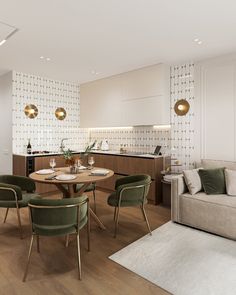 a living room filled with furniture and a dining table in front of a kitchen counter