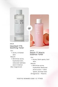 Currently 28-33% off on YesStyle! (As of Aug 17, 2024) . Use my reward code <3: TT74ZS for more % off . Ignore: (Keywords) Anua - Peach 77 Niacin Essence Toner, Anua - Heartleaf 77% Soothing Toner, oomiaaaa, acne, dark spots, hyperpigmentation, dehydrated dry skin Anua Toner Skincare, Heartleaf 77% Soothing Toner, 77% Anua Toner, Best Toners For Dry Skin, Anua Peach Toner, Anua Products, Anua Toner, Pores Skin Care