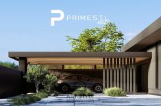 a car is parked in front of a house with the words primesti auto written on it