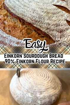 a loaf of bread sitting on top of a pan covered in powdered sugar next to an image of a loaf of bread