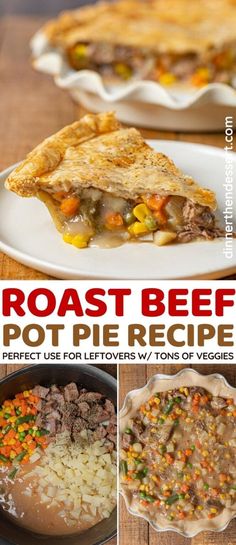 the recipe for roast beef pot pie is shown in three different pictures, including one with meat and vegetables