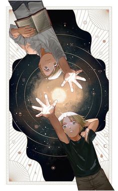 two people standing in front of a star filled sky with their hands up to the stars