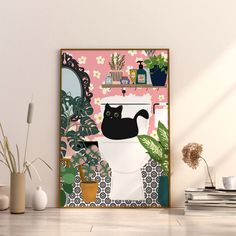 a black cat sitting on top of a toilet in front of a plant filled wall