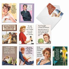 six vintage women's postcards with different sayings and pictures on the front