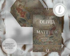 an image of a wedding card with the word, oliva and mathew on it