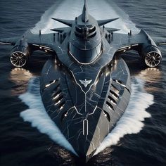 a futuristic looking ship in the middle of the ocean with lights on it's wings