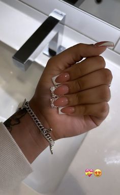 Fine Tip Nails, Short Champagne Nails Acrylic, French Tip With Rine Stone, White And Silver French Tip Nails Short, Class Of 24 Nails, Short Fresh Tip Nails, Birthday Nails Inspo White, Gel Mani And Pedi Ideas, Femmicure Nails