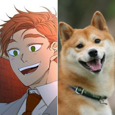 two pictures one with a dog and the other with an anime character's face