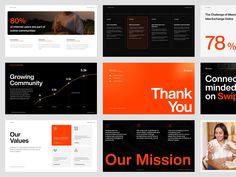 a series of presentation slides with orange and black colors