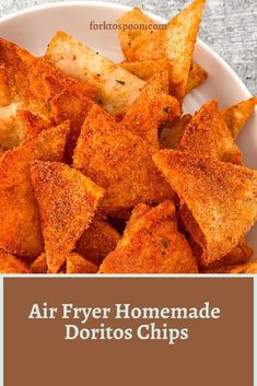 air fryer homemade doritos chips on a white plate with text overlay