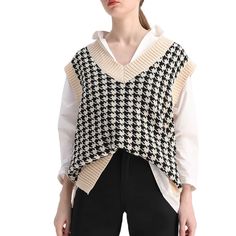 PRICES MAY VARY. Material:Made by polyester.Comfortable,breathable and skin-friendly.Right for most women. This casual knit sweater vest has delicate houndstooth pattern knit and loose style design.It is classy,sexy,soft shirt for women. The sweater vest mixes easily with pants,or other print, legging or shorts.It’s modern yet vintage, channeling a 90’s style. Occasion:Suitable for casual, working, outside sports,club,school,home,vacation,yoga,running,jogging,gym,workout,daily wear and other out Houndstooth Vest, Houndstooth Sweater, Oversized Knitted Sweaters, Sleeveless Pullover, Vest Fashion, Plaid Fashion, Pullover Sweater Women, Knitwear Tops, Sleeveless Vest