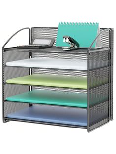 an office desk organizer with five shelves and three file folders on top of each shelf