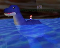 an image of a video game with a dinosaur in the water and mario kart