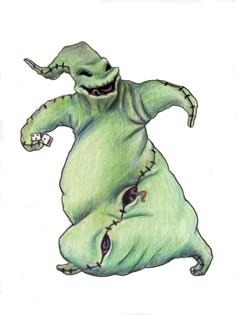 a drawing of a green creature with one leg in the air