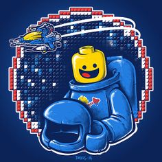 the lego man is wearing a blue space suit and holding a yellow object in his hand