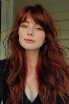 45 Stunning Examples of Long Hair With Bangs - Flo's Blog Auburn Hair With Fringe, Dark Red Hair Makeup Ideas, Long Dark Red Hair With Bangs, Bangs With Long Hair Straight, Dark Red Hair Bangs, Bardot Bangs Short Hair, Dark Red Blonde Hair, Colored Hair With Bangs, Red Hair Haircuts