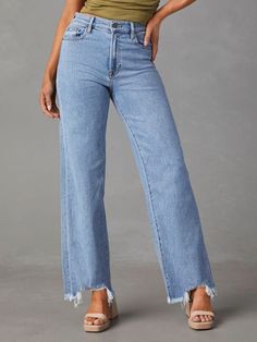 The802Gypsy Bottoms/Jeans Clear blue / S GYPSY GIRL-Fray Hem Jeans Frayed Hem Jeans, Middle Age Fashion, Denim Patterns, Chic Blouses, Cotton Clothing, Jeans Casual, Jeans Material, Straight Leg Trousers, Streetwear Women