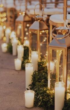 many lit candles lined up along the side of a walkway with greenery and foliage