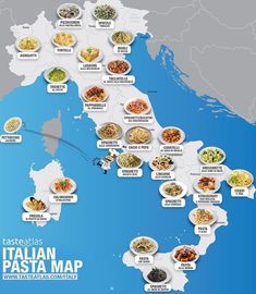 a map with all the different types of pasta in italy and other places to eat