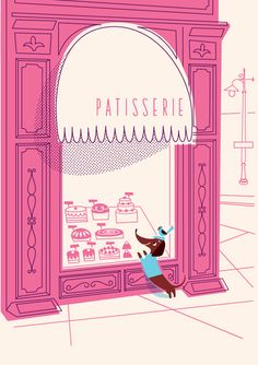 a pink greeting card with an illustration of a woman in front of a storefront