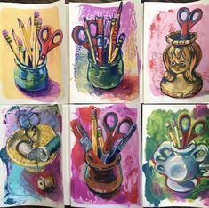 four paintings of scissors and other items in a cup on a table with watercolors