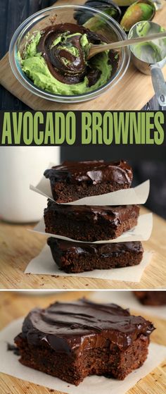 chocolate brownies with avocado frosting on top and in the background, there is