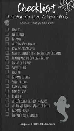 the checklist for tim burton's live action films is shown in black and white