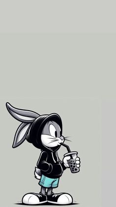 an image of a cartoon bunny holding a drink in one hand and looking up at the sky