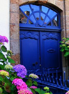 a blue door with flowers in front of it